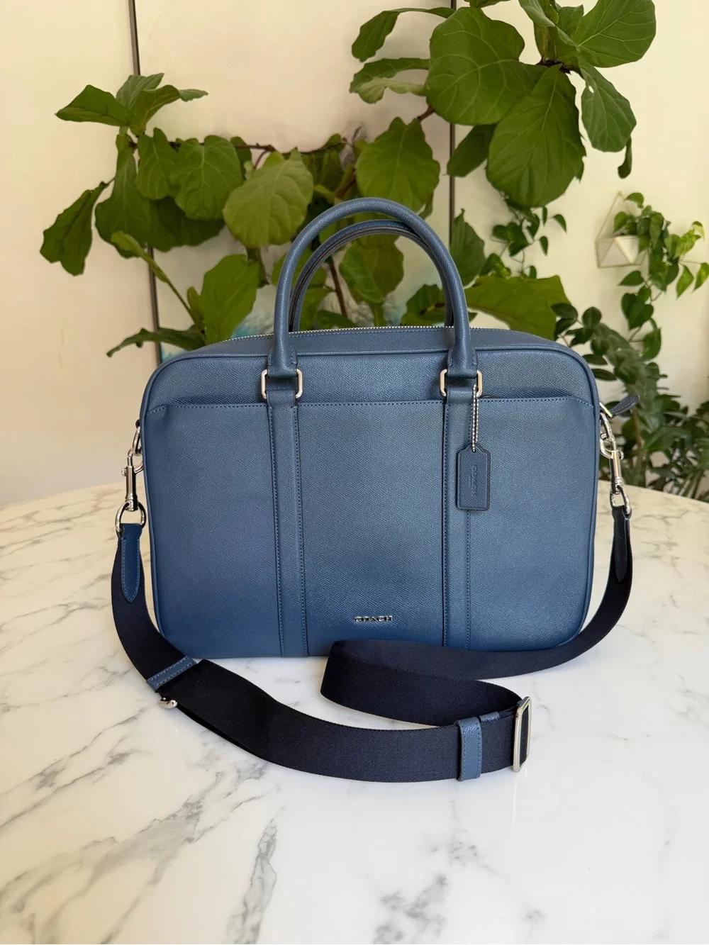 COACH Perry Slim Brief Briefcase Laptop Bag Denim Blue Leather F59057